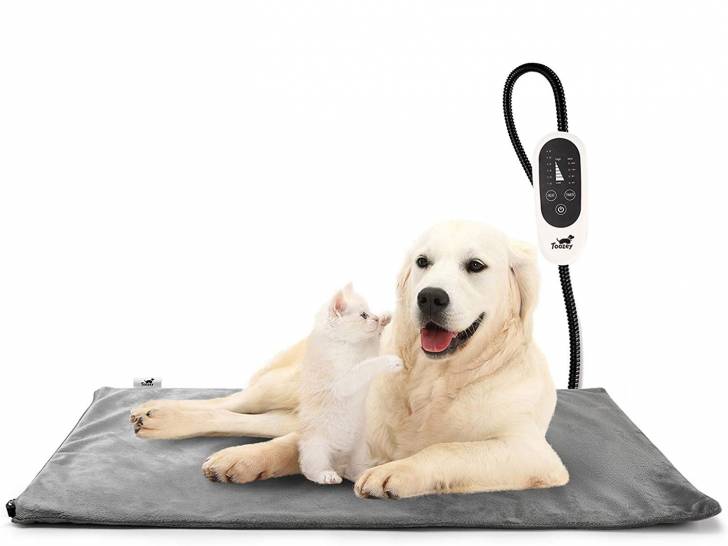Un chien et un chat installés sur un tapis chauffant pour chien Toozey
