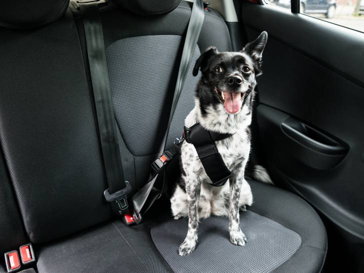 Un chien attaché avec une ceinture de sécurité pour chiens