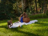 Une famille d'Irish Terrier pique-nique en forêt