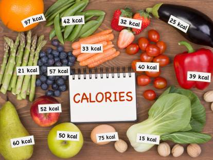 Divers aliments posés sur une table avec le nombre de calories pour chacun