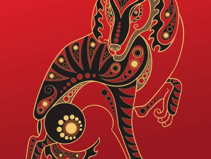 Représentation d'un chien sur fond rouge dans l'astrologie chinoise