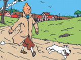 Tintin et Milou en train de marcher sur un chemin à la campagne