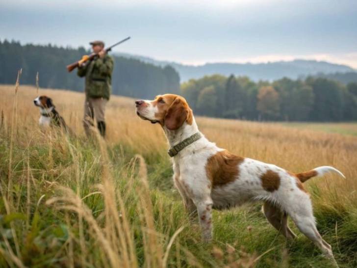Des chiens de chasse dans un champ avec leur maître