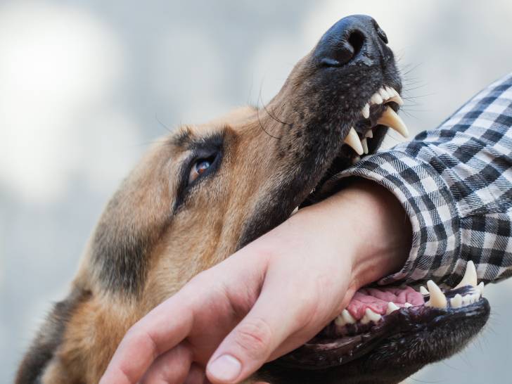 Un chien en train de mordre le bras d'une personne