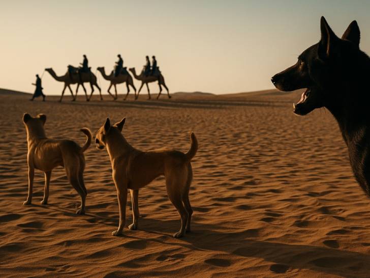 Des chiens en train de regarder passer une caravane dans un désert