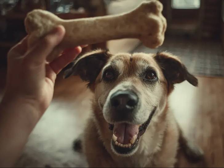 Une personne montrant un os à un chien