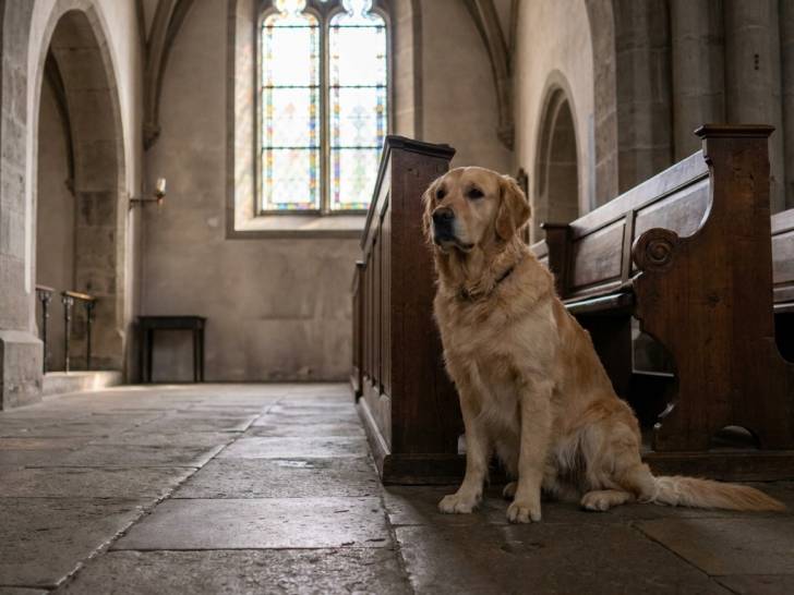 Un chien assis dans une église