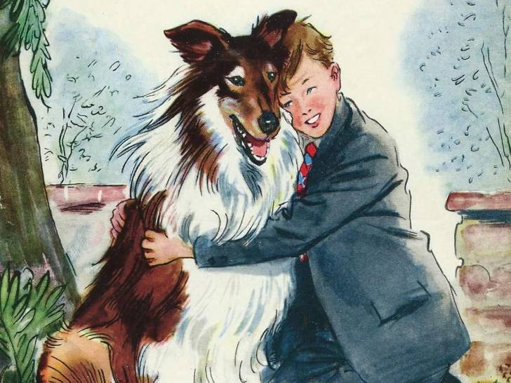 Une illustration du livre « Lassie, chien fidèle » montrant Lassie et Joe Carraclough en train de se faire un câlin