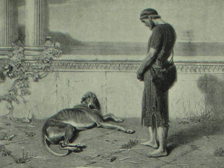 Une illustration des retrouvailles entre Ulysse et son chien Argos, alors mourant