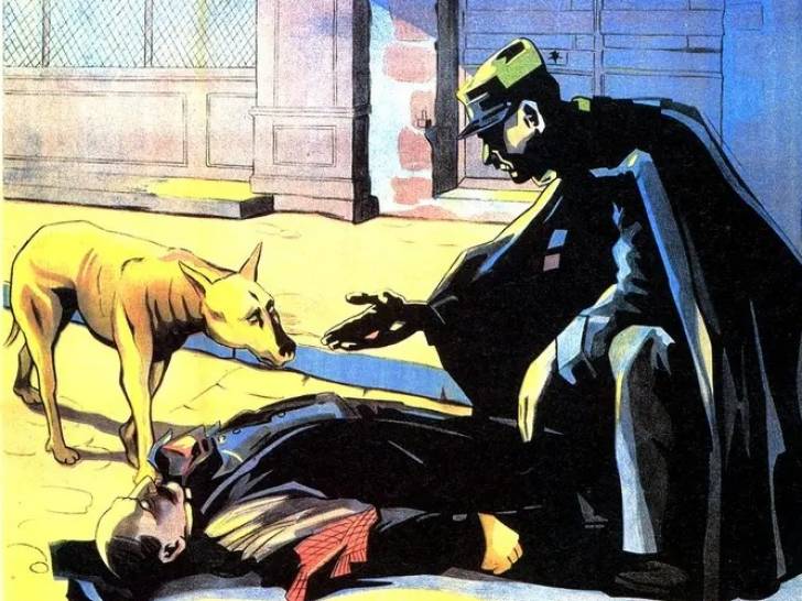 Une illustration du livre « Le chien jaune », avec ce dernier et le commissaire Maigret penché sur une victime