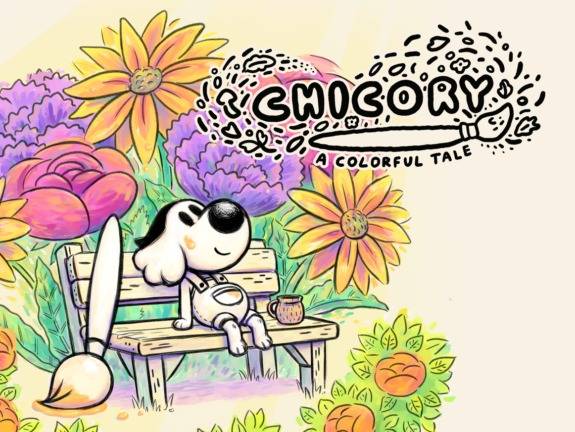 La chienne du jeu « Chicory » se reposant sur un banc à côté de son pinceau magique