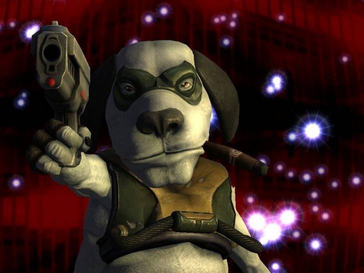 Max, le robot-chien du jeu vidéo « MDK2 », brandissant un pistolet en fumant un cigare