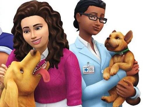 Une vétérinaire portant un chien dans ses bras et une femme caressant la tête d'un autre chien dans « Les Sims 4 »