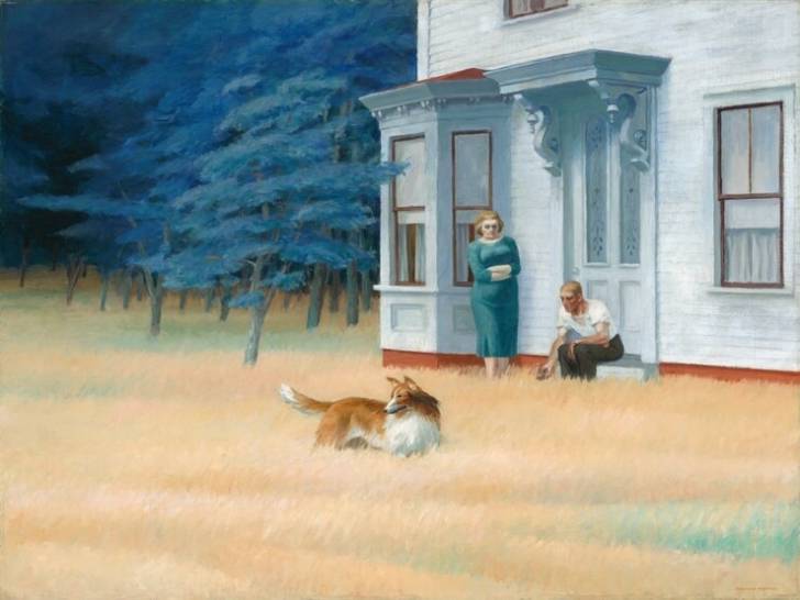 Le tableau « Soirée à Cap Cod (Cape Cod Evening) », d'Edward Hopper, qui représente un chien et ses maîtres devant leur maison