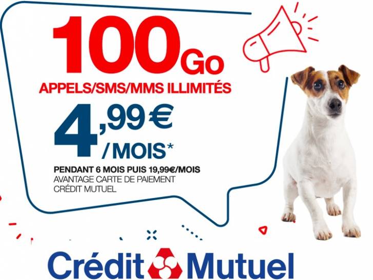 Une affiche de publicité pour un forfait mobile du Crédit Mutuel avec un chien Parson Russell Terrier