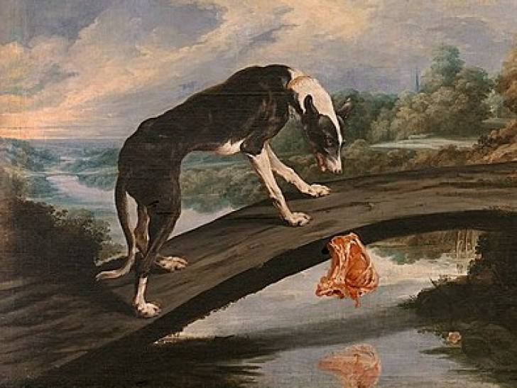 Illustration de la fable « Le Chien qui porte de la viande », d’Ésope