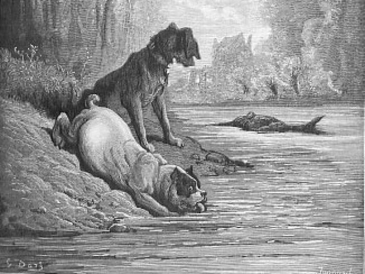 Illustration en noir et blanc de la fable « Les Deux Chiens et l’âne mort », de Jean de La Fontaine