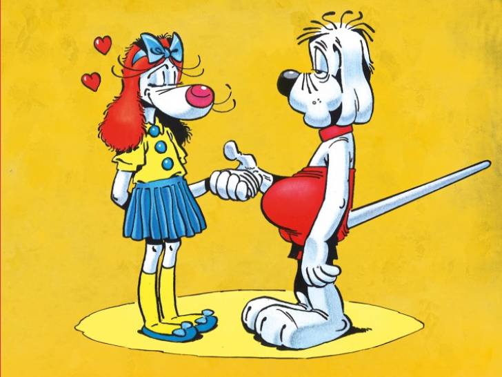 Une image de la bande dessinée « Gai-Luron » montrant Gai-Luron tenant la main à une chienne anthropomorphique