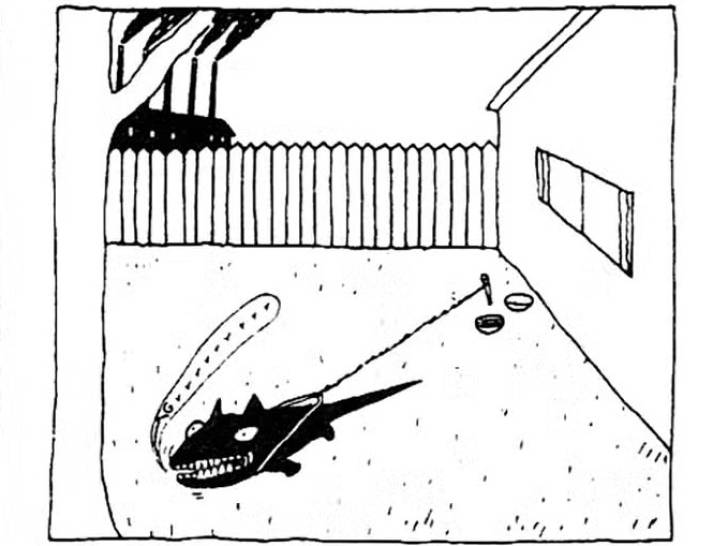 Une image de la bande dessinée « The Angriest Dog in the World » montrant un chien noir attaché dans un jardin