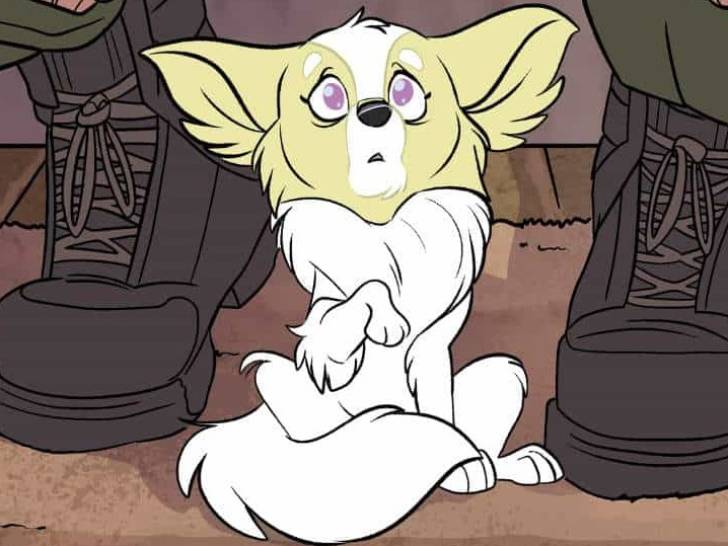Une image de la bande dessinée « Stray Dogs » montrant le chien Sophie