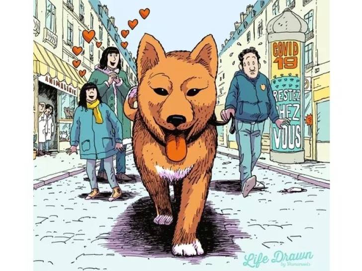 Une image de la bande dessinée « Tiki : Une année de chien » montrant le chien Tiki marchant dans une rue entouré de ses maîtres