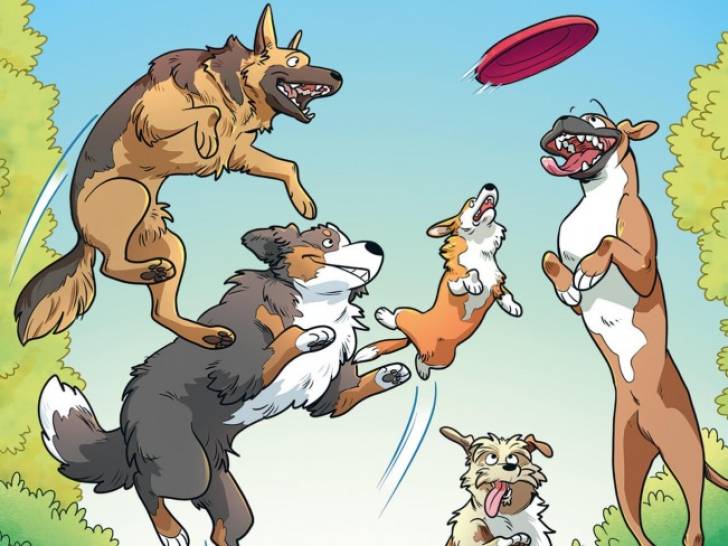 Une image de la bande dessinée « Les Chiens » montrant un groupe de chiens sautant pour attraper un frisbee