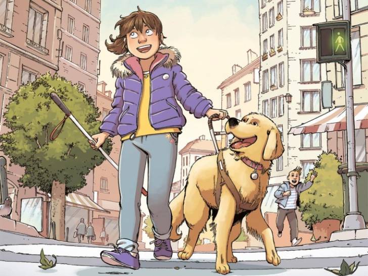 Une image de la bande dessinée « Amy pour la vie » montrant Amy et son chien aveugle Kita traversant une route