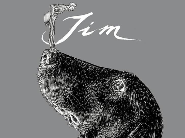 Une image de la bande dessinée « Jim » montrant un petit homme debout sur le nez d'un gros chien