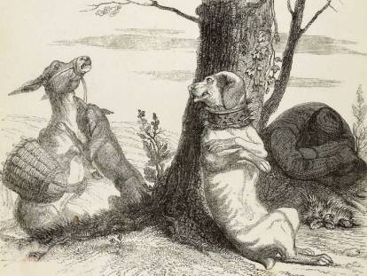Illustration en noir et blanc de la fable «l'âne et le chien » de Jean de La Fontaine