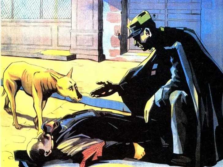 Une illustration du livre « Le chien jaune », avec ce dernier et le commissaire Maigret penché sur une victime