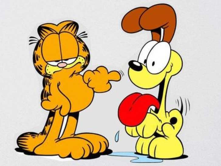 Une image de la bande dessinée « Garfield » montrant Garfield pointant du doigt Odie