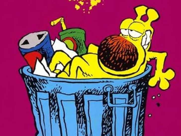 Une image de la bande dessinée « Grimmy » montrant le chien jaune dormant dans une poubelle