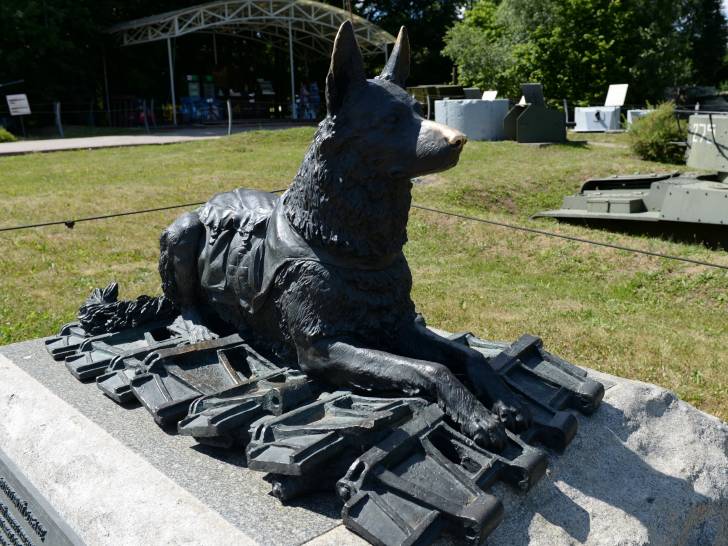 Statue d'un chien couché sur les restes d'un char