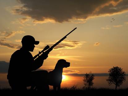 Un chasseur et son chien de chasse au crépuscule
