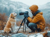 Un homme accroupi qui prend en photo un chien sous la neige
