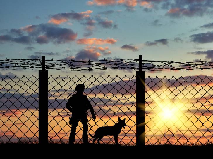 Un militaire et un chien derrière un grillage devant un coucher de soleil