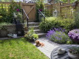 Un chien allongé dans un beau jardin