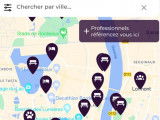 Une capture d'écran de l'application PlayDogs montrant différents lieux où aller avec son chien