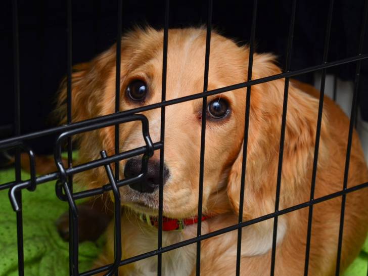 Un chien brun dans un cage
