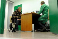 Un Bouledogue et son maître lors d'une consultation chez un vétérinaire