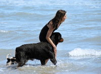 Une femme protège son chien dans la mer