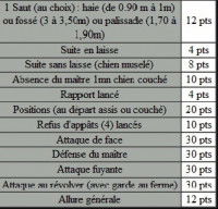 Tableau des points pour les épreuves de ring de niveau 1