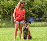 Une femme et son chien se regardent lors d'une épreuve de ring