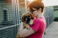 Une jeune femme tenant dans ses bras un chiot dans un refuge
