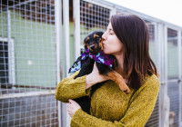 Une femme tenant un chien dans ses bras dans un chenil