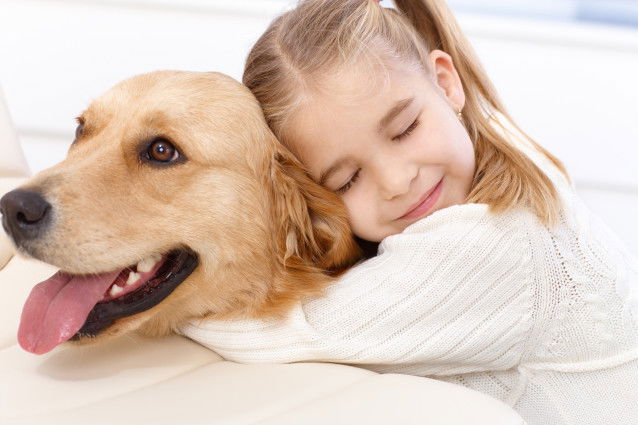 Une petite fille fait un câlin à son Golden Retriever