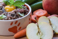 Une gamelle de chien remplie de viande, avec des légumes à côté