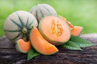 Des melons posés sur une table en bois