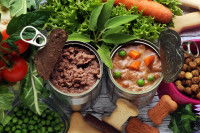 De la nourriture pour chien posée sur une table