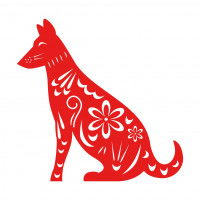 Chien assis dessiné en rouge et avec des fleurs blanches